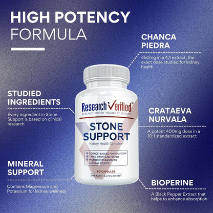 Research Verified Stone Support - Optimal Kidney Stone Defence with Chanca Piedra, Crataeva Nurvala, BioPerine - Vegan - 60 Capsules