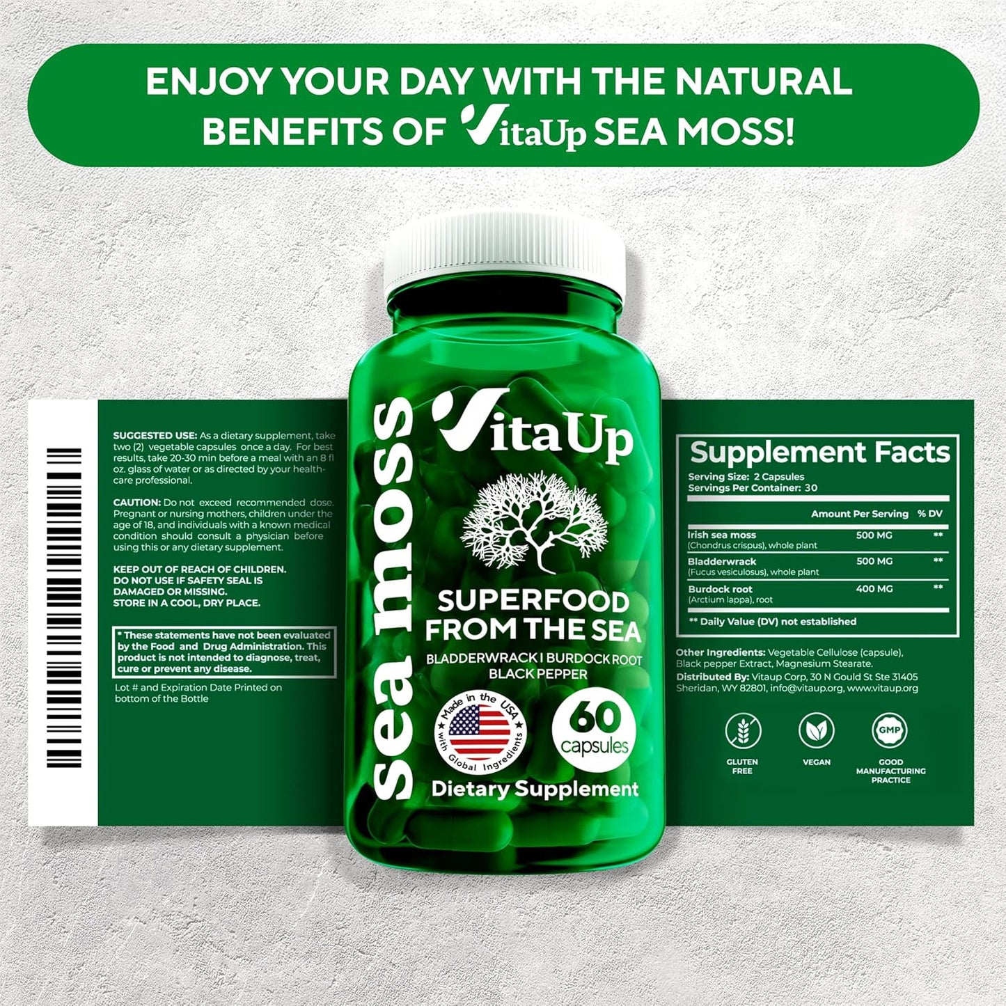 VitaUp Wildcrafted Irish Sea Moss Capsules with Burdock Root & Bladderwrack - 60 Vegan Capsules - görsel 7
