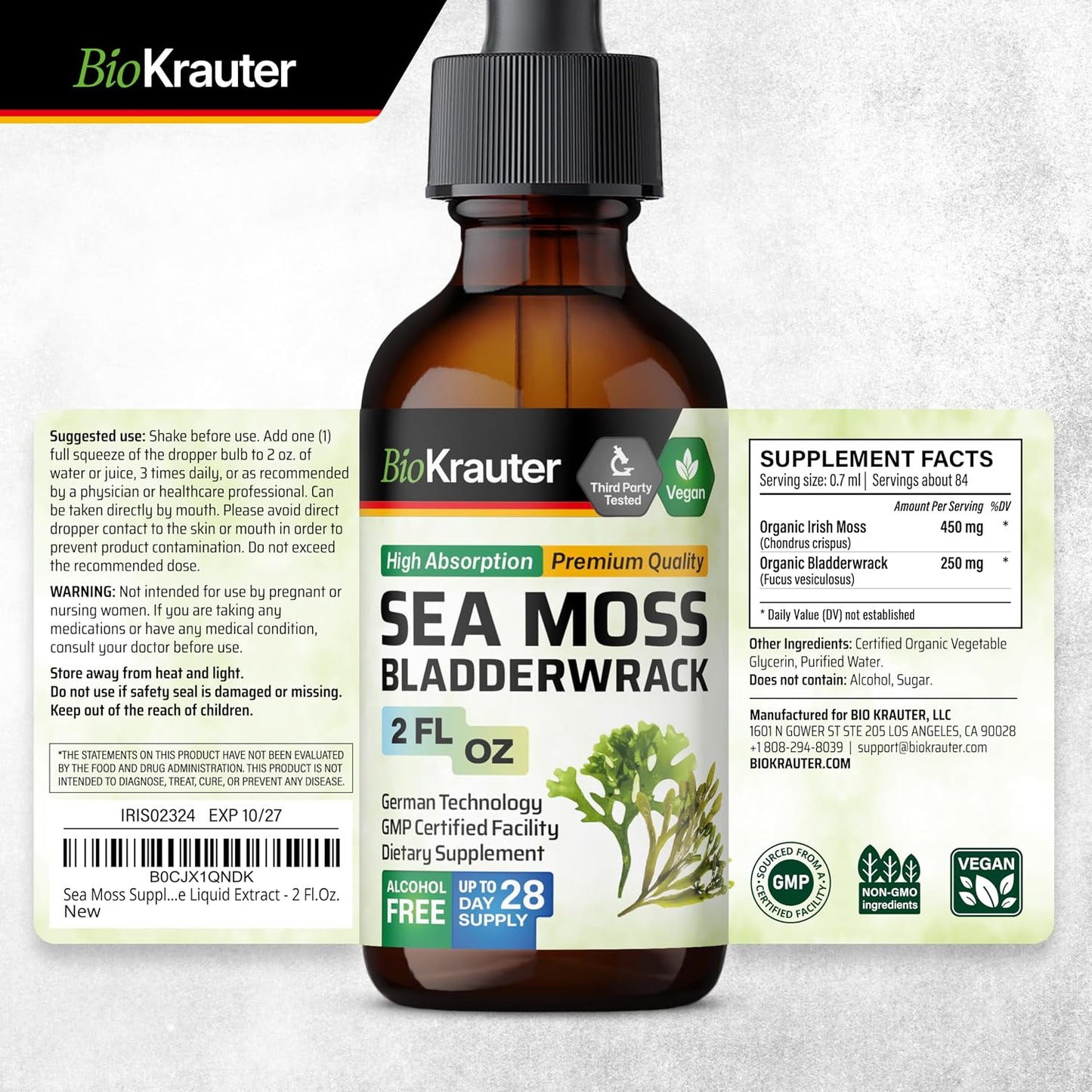 BIO KRAUTER 2-in-1 Sea Moss & Bladderwrack Drops - Vegan Liquid Supplement, 60 mL - görsel 9