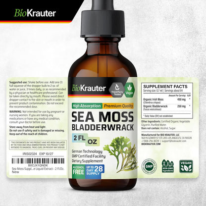 BIO KRAUTER 2-in-1 Sea Moss & Bladderwrack Drops - Vegan Liquid Supplement, 60 mL