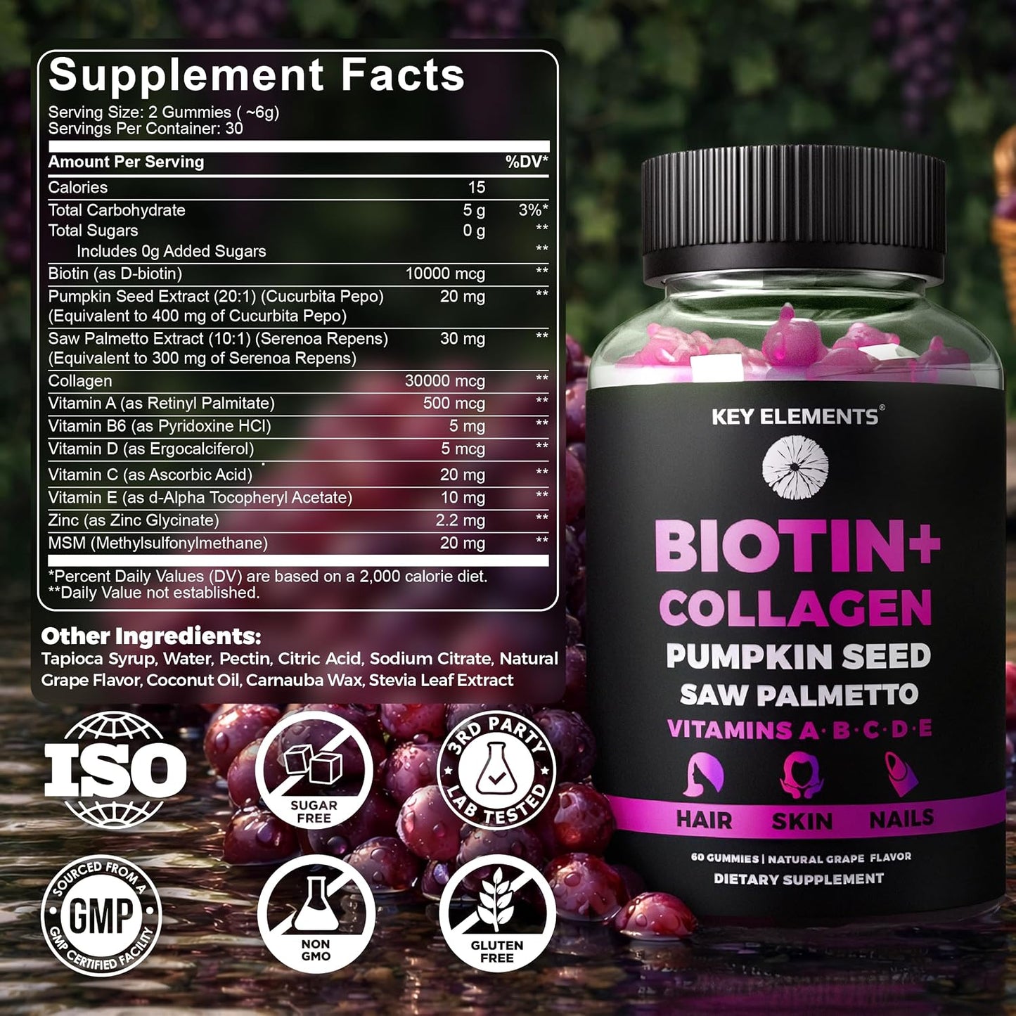 KEY ELEMENTS Biotin & Collagen Gummies – 10,000mcg for Hair, Skin & Nails - görsel 6