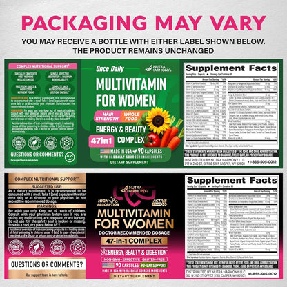 NUTRAHARMONY Women's's Multivitamin 47-in-1 with B-Complex, Whole Foods and Beauty Complex - 90 Capsules