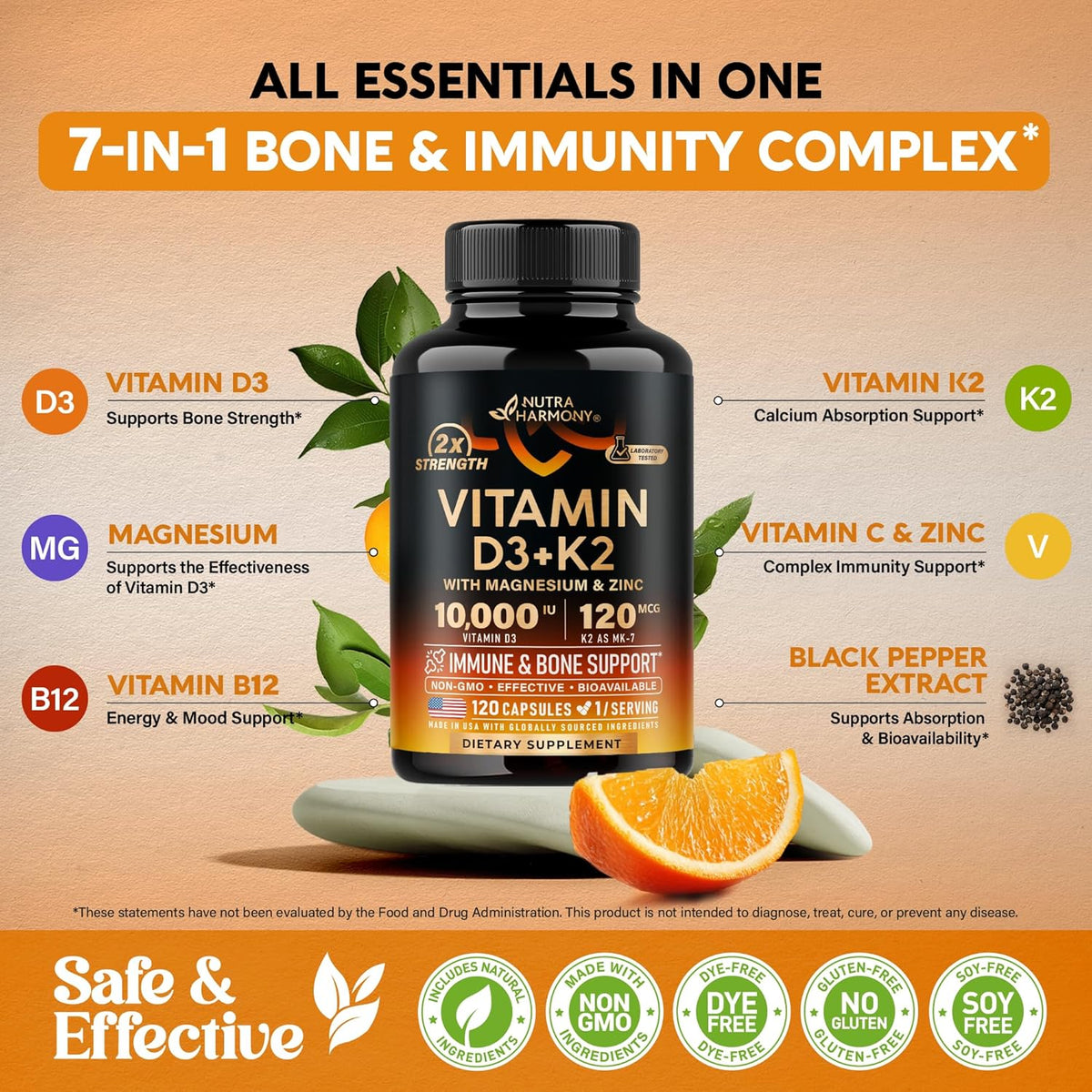 Vitamin D3 10000 IU & K2 (MK-7) with Magnesium, Zinc, Vitamin C & B12 – 120 Capsules – Image 5