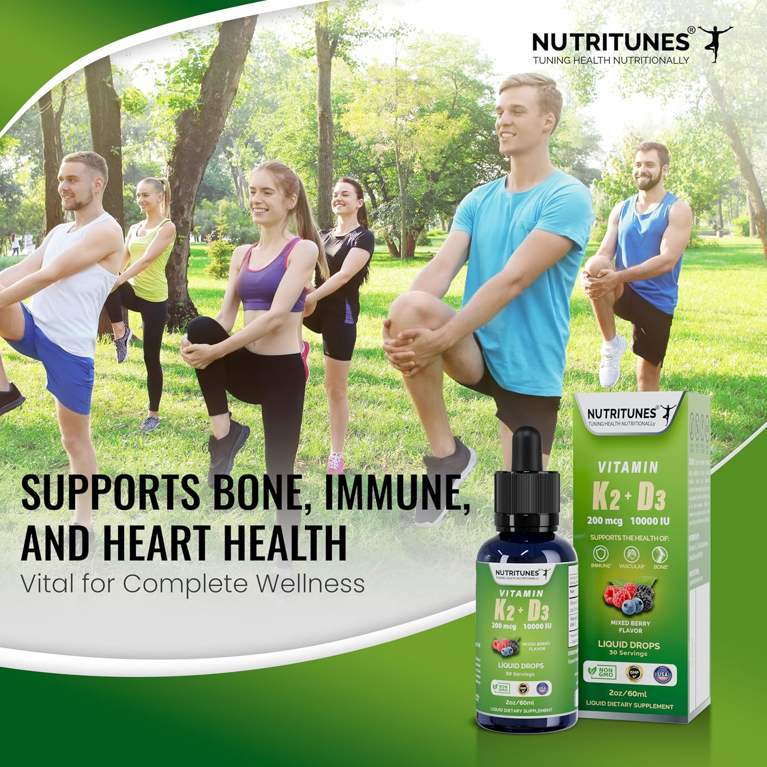 Nutritunes K2 D3 Liquid Drops - Vitamin D3 10,000 IU & Vitamin K2 200 mcg, Mixed Berry, 2 oz - görsel 3