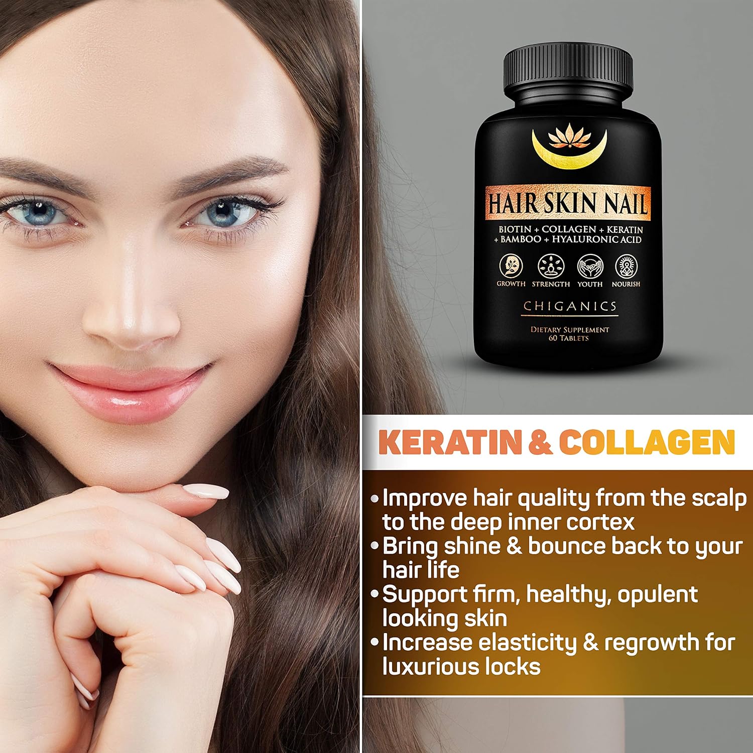 Chiganics Hair Skin and Nail Growth Vitamins with Keratin, Collagen & Silica - Extra Strength Biotin 5000mcg - görsel 3
