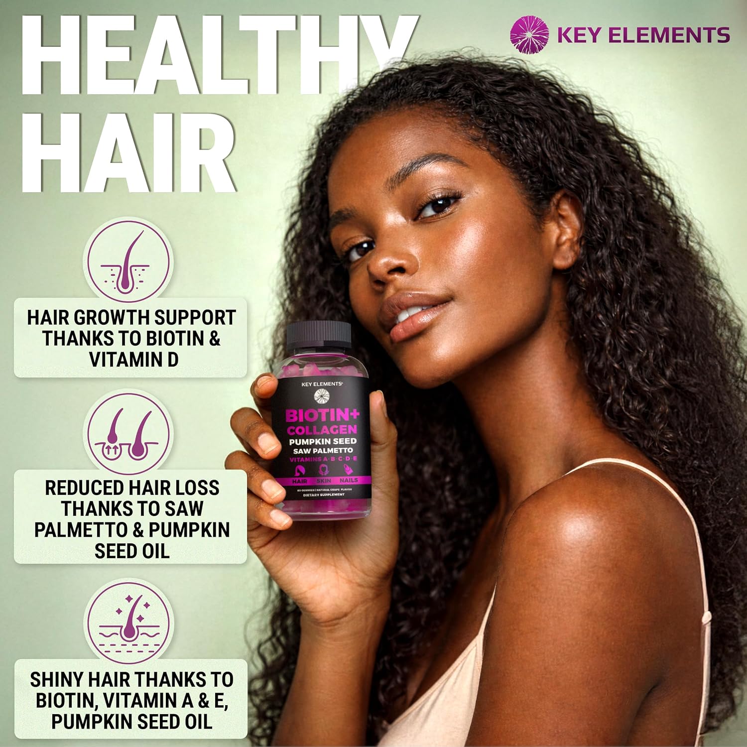 KEY ELEMENTS Biotin & Collagen Gummies – 10,000mcg for Hair, Skin & Nails - görsel 2