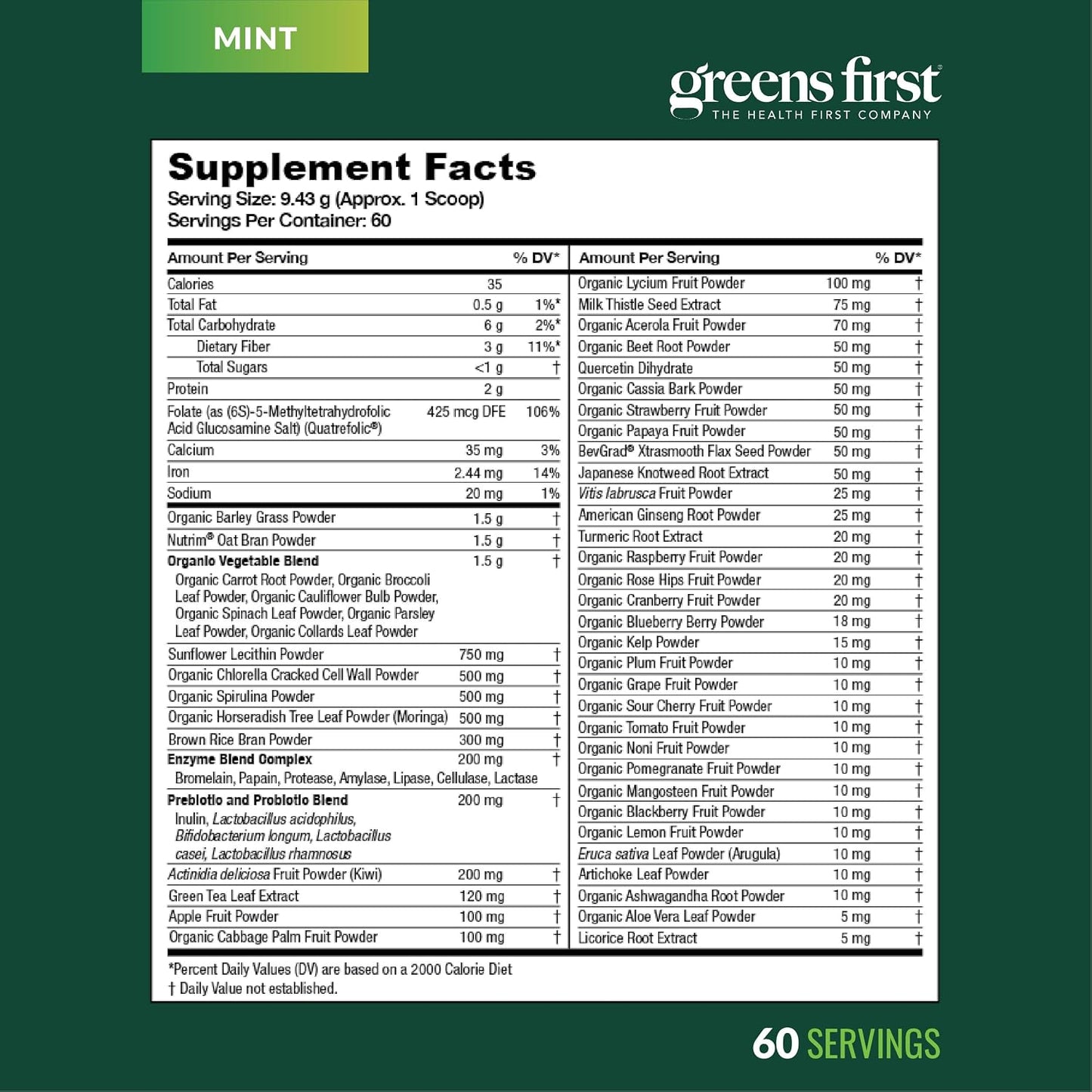 Greens First Original Greens Powder - 49 Superfoods - Organic Fruits & Vegetables - Prebiotics, Probiotics & Digestive Enzymes - Antioxidant Smoothie - Dairy-free, Vegan & Non-GM (Mint, 60 Servings) - görsel 9