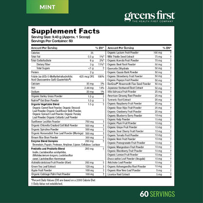 Greens First Original Greens Powder - 49 Superfoods - Organic Fruits & Vegetables - Prebiotics, Probiotics & Digestive Enzymes - Antioxidant Smoothie - Dairy-free, Vegan & Non-GM (Mint, 60 Servings)