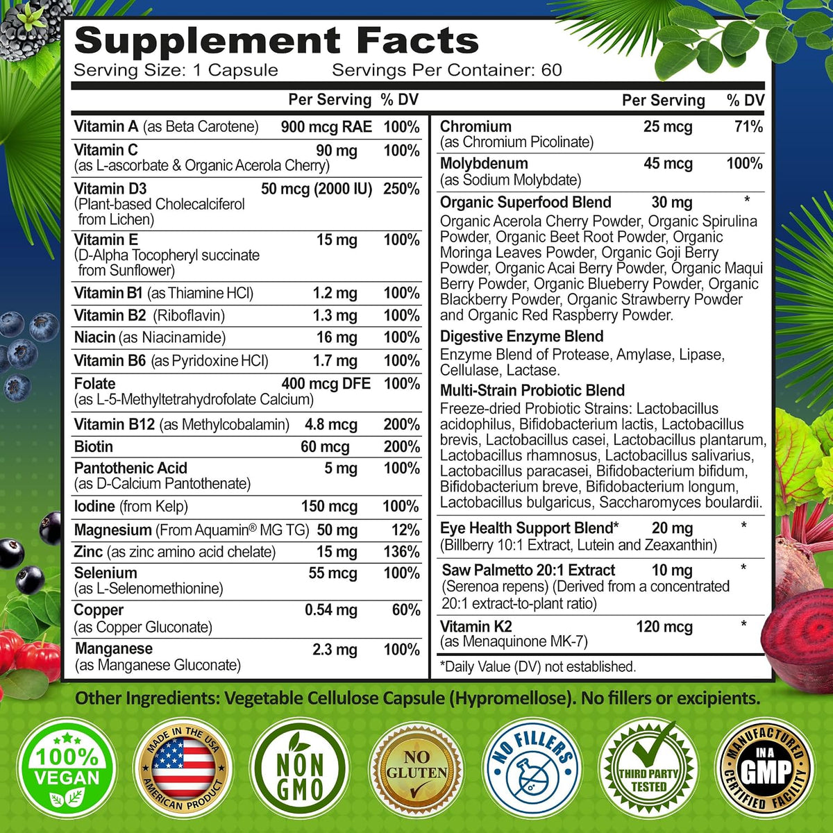 Men's Daily Multivitamin 50 Plus – Vegan Methylated Multivitamin for Men 50+ with Saw Palmetto, Biotin, Organic Superfoods, – Image 6