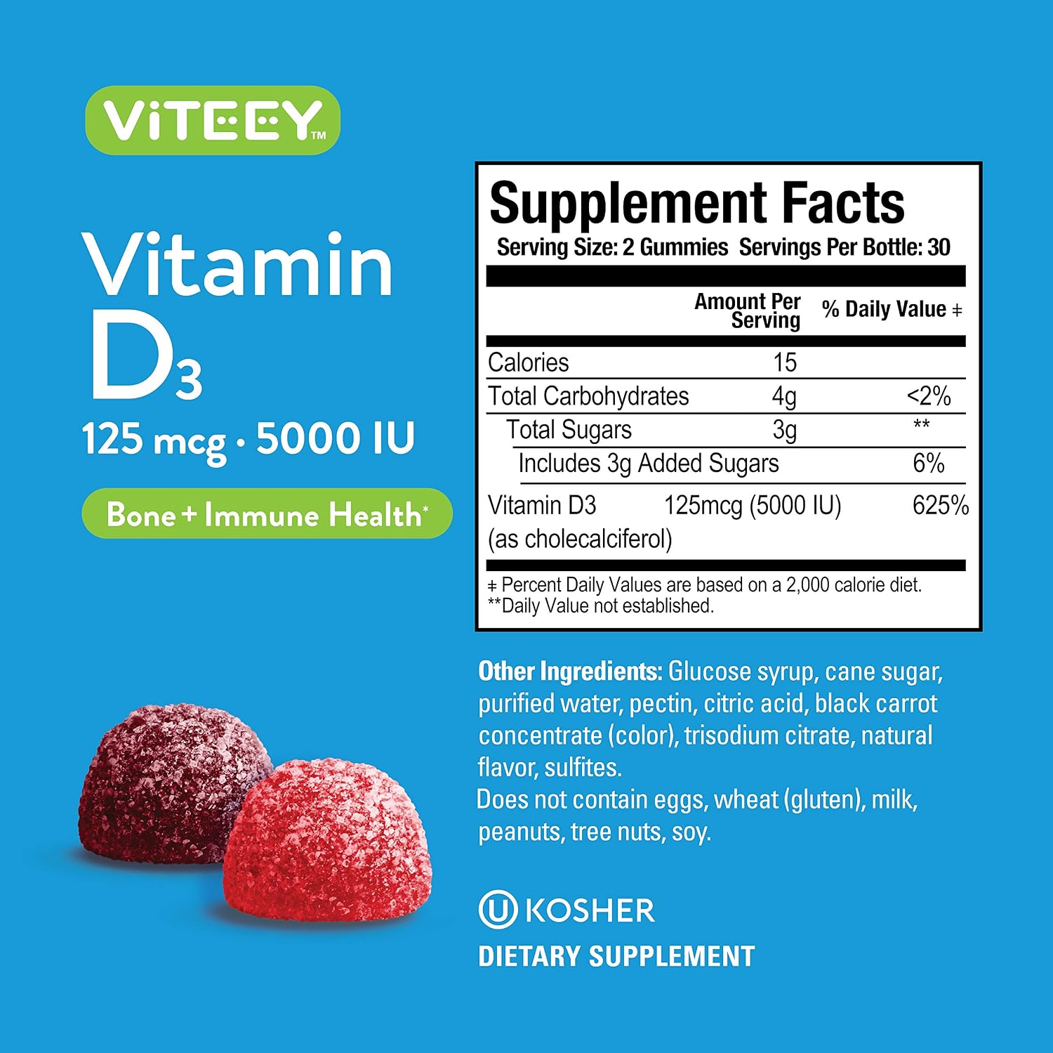 Viteey Vitamin D3 Gummies for Adults & Teens - 5,000 IU Ultra Strength - Berry Flavour - 120 Count - görsel 4