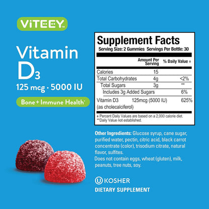 Viteey Vitamin D3 Gummies for Adults & Teens - 5,000 IU Ultra Strength - Berry Flavour - 120 Count