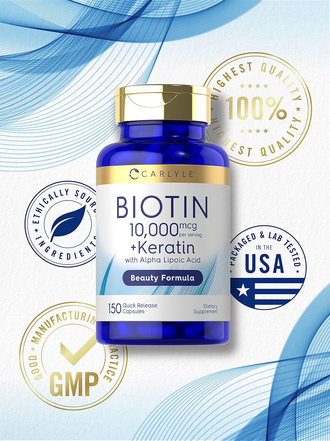 Carlyle Biotin 10000mcg with Keratin - 150 Capsules - görsel 5