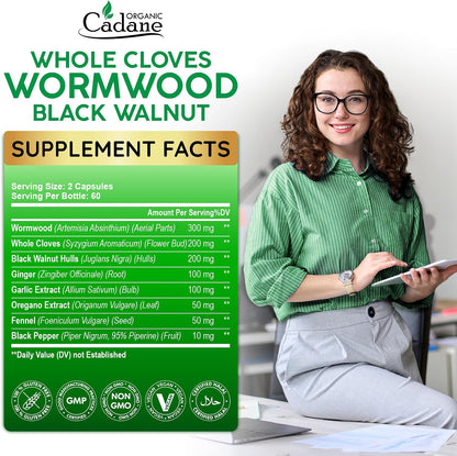 Cadane Wormwood Whole Cloves Black Walnut with Ginger, Garlic, Oregano, Fennel & Black Pepper – Digestive and Wellbeing Support – 120 Capsules (60-Day Supply)