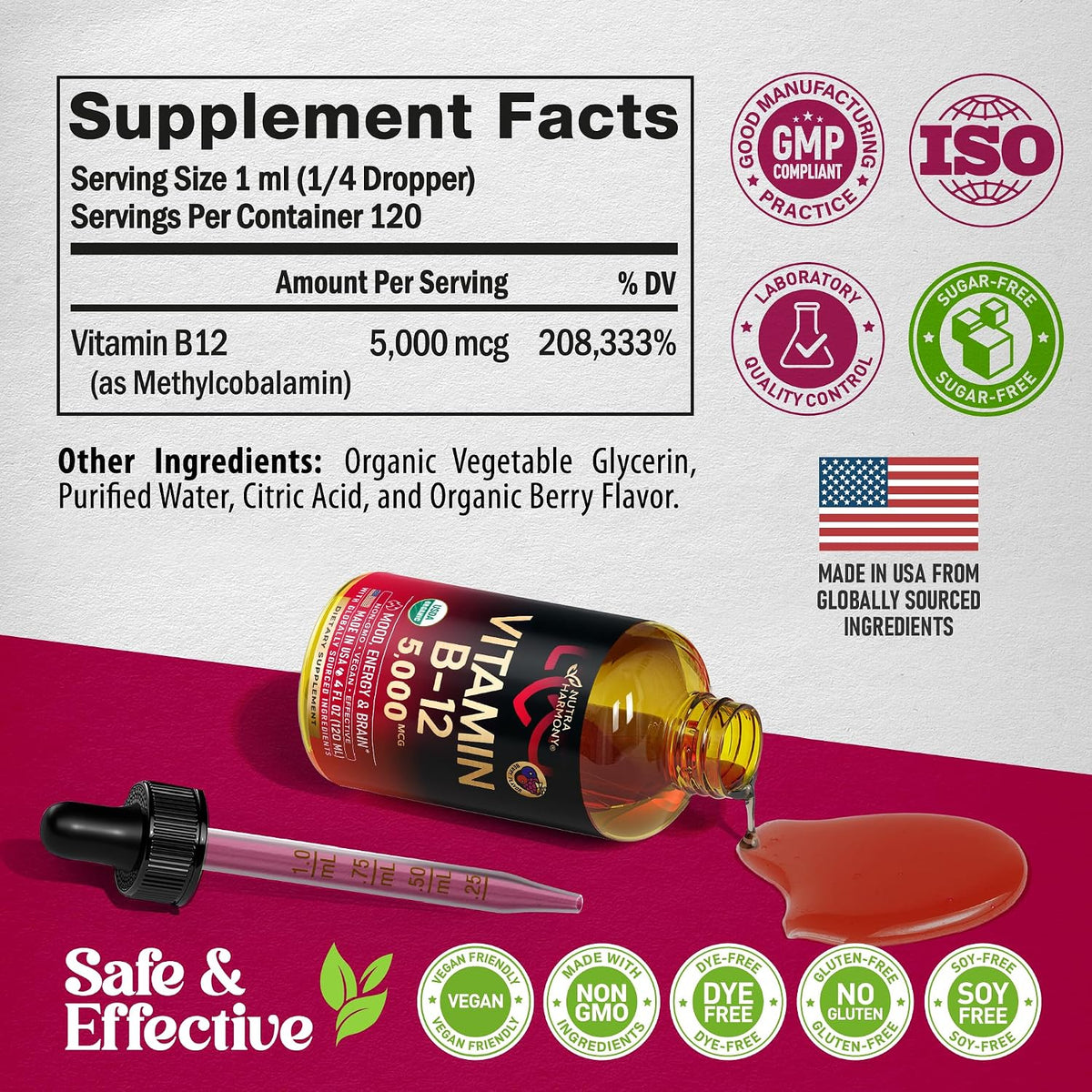 USDA Organic Vitamin B12 Sublingual Drops - – Cognitive function: By supporting nerve cells and neurotransmitters, – Image 7