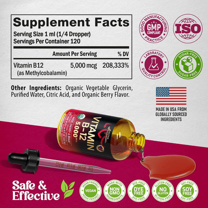 USDA Organic Vitamin B12 Sublingual Drops - – Cognitive function: By supporting nerve cells and neurotransmitters, – Image 7
