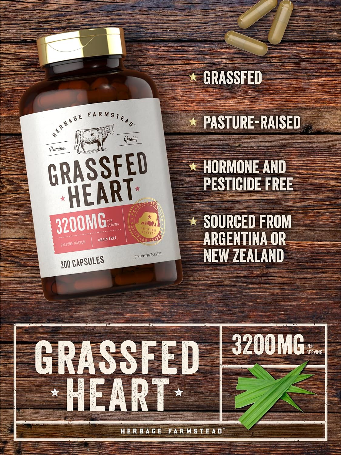 Carlyle Grass Fed Beef Heart Supplement - 3200mg - 200 Count - Desiccated Pasture Raised Bovine Capsules - Non-GM, Gluten free - görsel 3