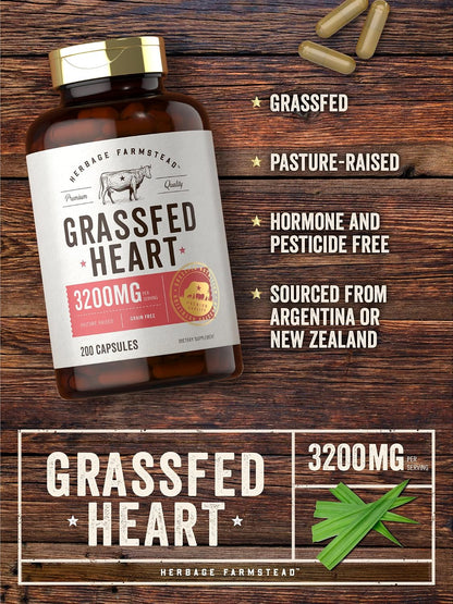 Carlyle Grass Fed Beef Heart Supplement - 3200mg - 200 Count - Desiccated Pasture Raised Bovine Capsules - Non-GM, Gluten free