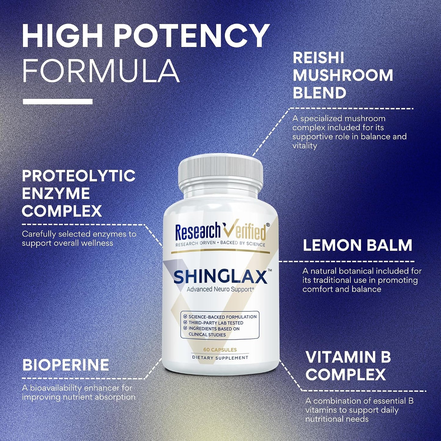 Research Verified Shinglax - Lemon Balm, Proteolytic Enzymes, Mushroom Complex, Vitamin B Complex, Oregano, Zinc - Non-GM, Made in USA - 60 Capsules (Pack of 6) - görsel 3
