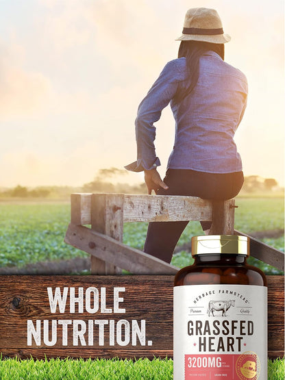 Carlyle Grass Fed Beef Heart Supplement - 3200mg - 200 Count - Desiccated Pasture Raised Bovine Capsules - Non-GM, Gluten free