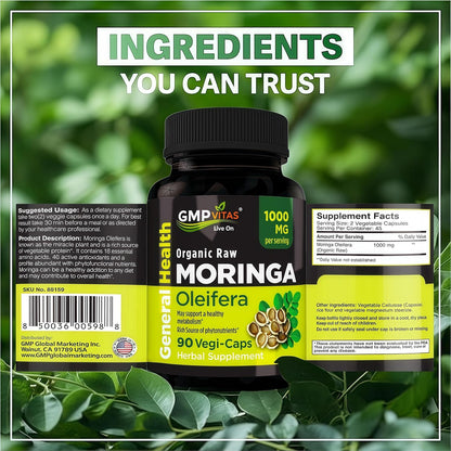 Organic Moringa Capsules 1000mg - Pure Moringa Leaf Supplement for Energy, Immune and Skin Support